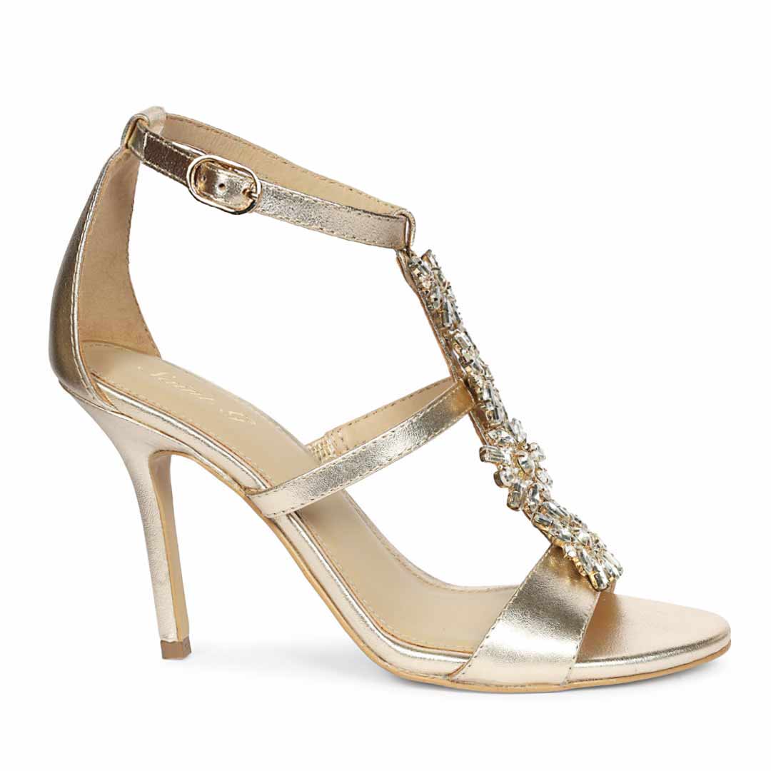 Saint Sydney Crystal Stone Metallic Gold Leather Stilettos
