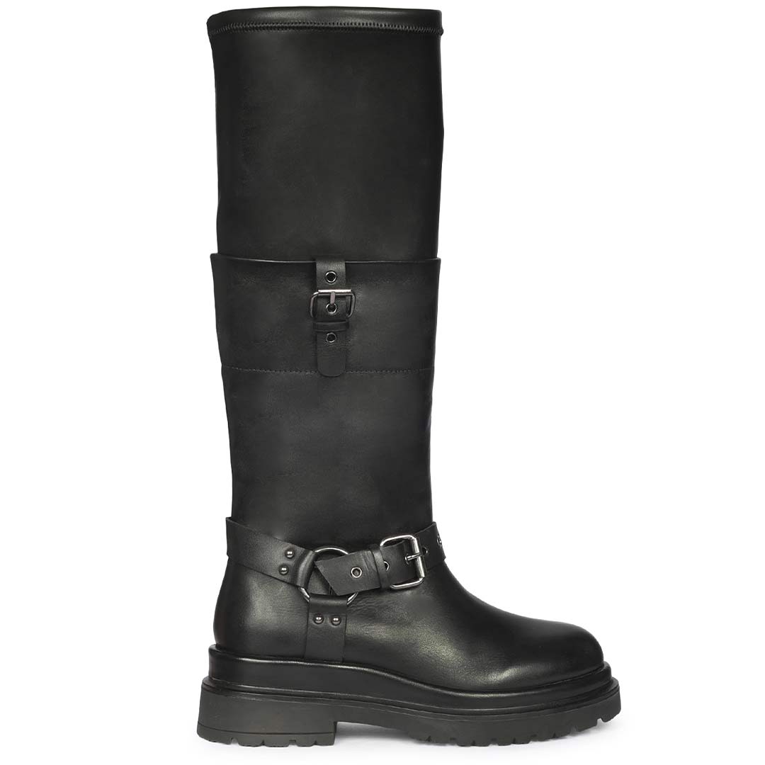 Saint Cora Fold-Over Cuff Black Leather Long Boots