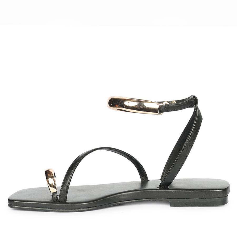 Saint Zinovia Gold-Trim Black Leather Sandals