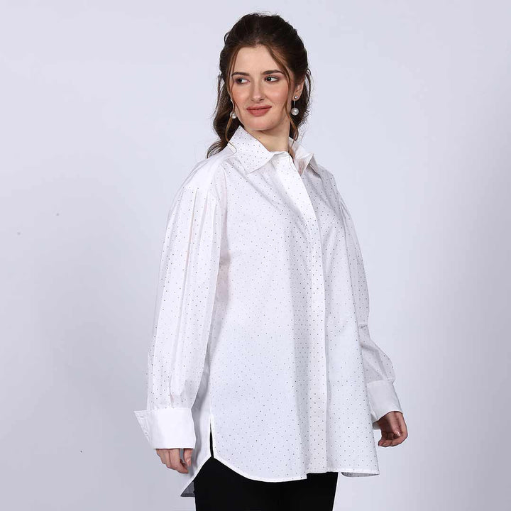 Saint Florence White Crystal Embellished Cotton Shirt