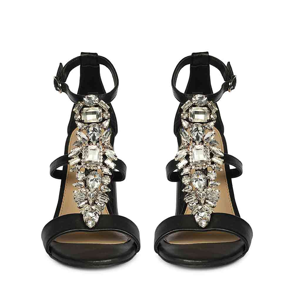 Saint Colleen Silver Stone Metallic Black Leather Block Heels