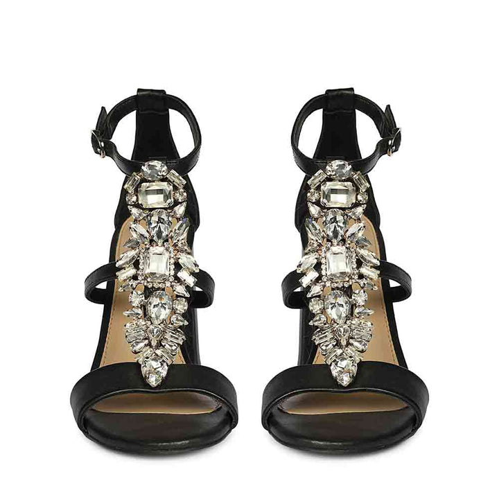 Saint Colleen Silver Stone Metallic Black Leather Block Heels