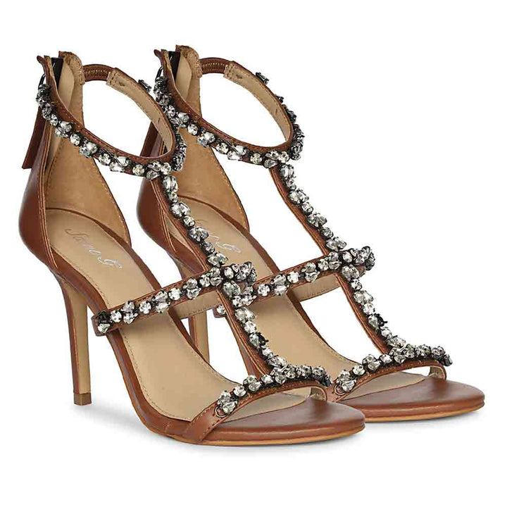 Saint Ella Stone Embellished Cognac Strappy Leather Stilettos