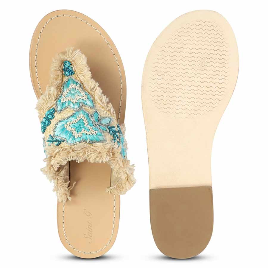 Saint Flora Turquoise Hand-Embroidered Leather Flats