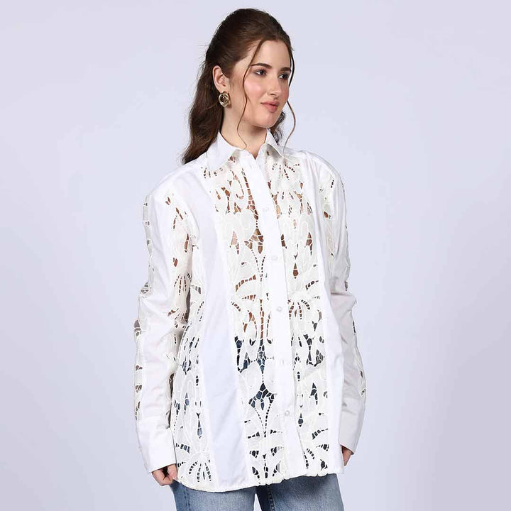Saint Fiora White Cutwork Cotton Shirt