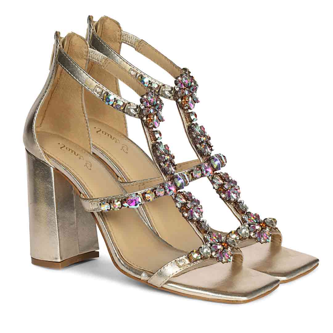 Saint Holly Rainbow Stone Metallic Gold Leather Block Heels