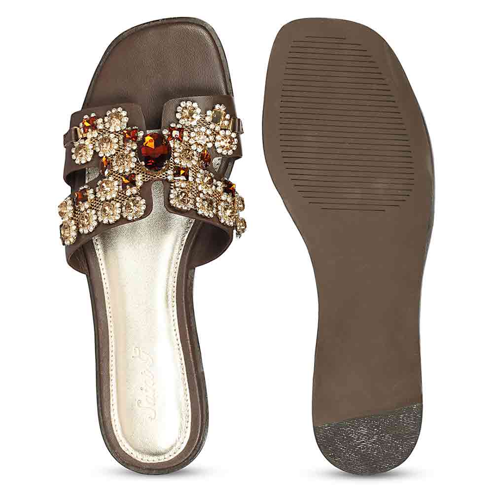Saint Eileen Embroidered Stone Brown Leather Slides