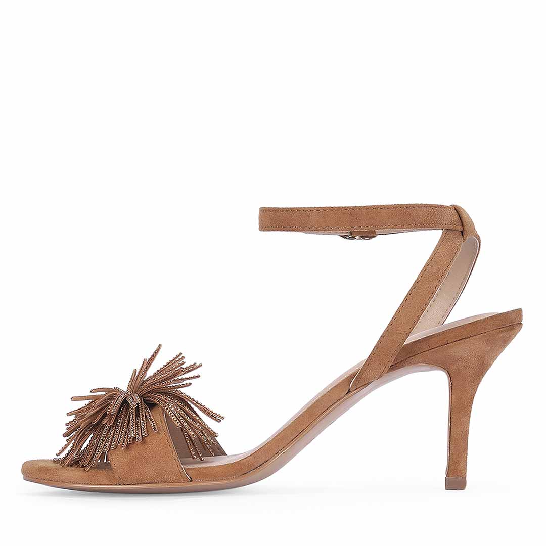 Saint Liora Tan Suede Leather Fringe Stilettos