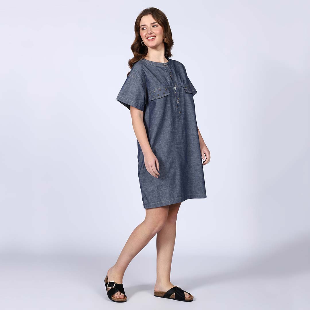 Saint Clara Grey Cotton Chambray Short Dress