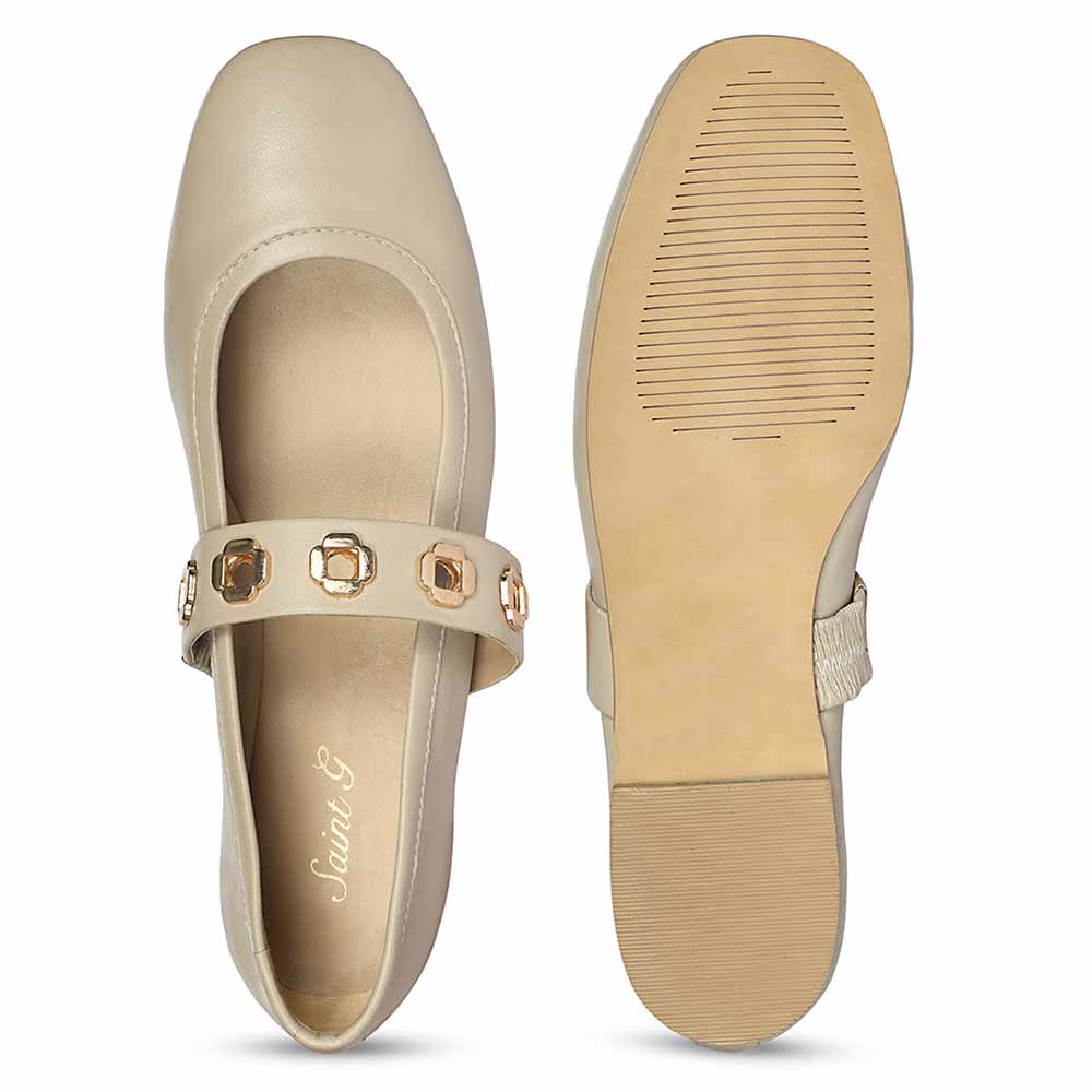 Saint Olwen Flower Eyelets Beige Leather Ballet Flats