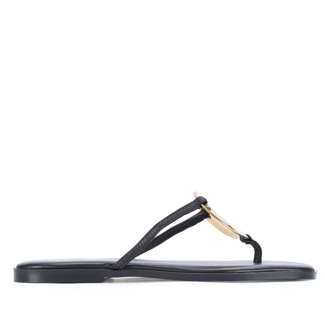 Saint Aurum Golden Disc Black Leather Flats