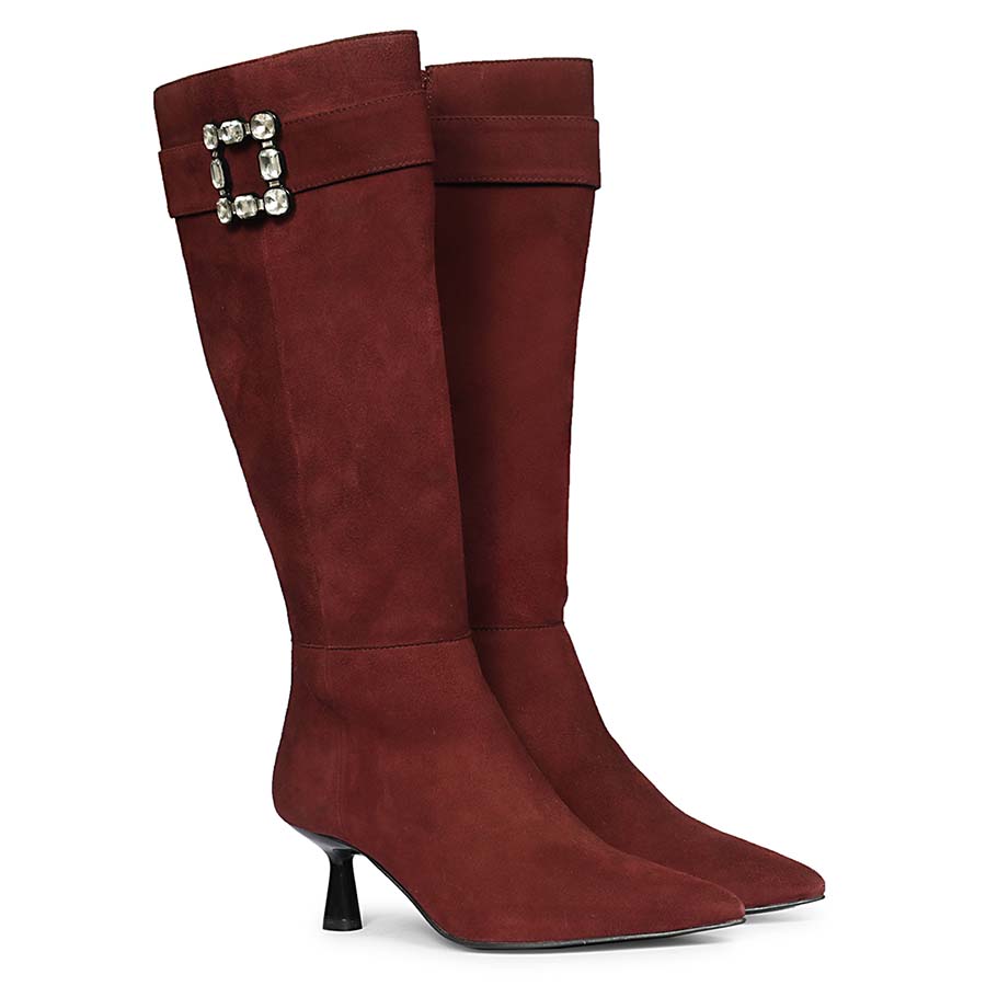 Saint Valeria Crystal Buckle Bordo Suede Leather Long Boots