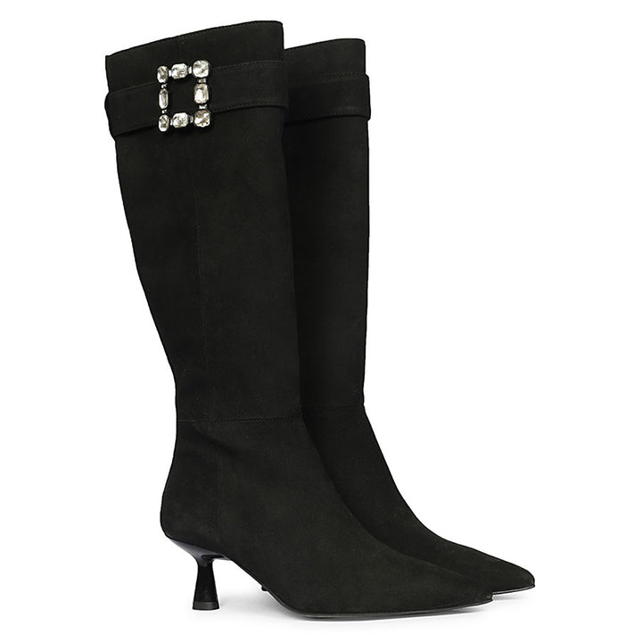 Saint Valeria Crystal Buckle Black Suede Leather Long Boots