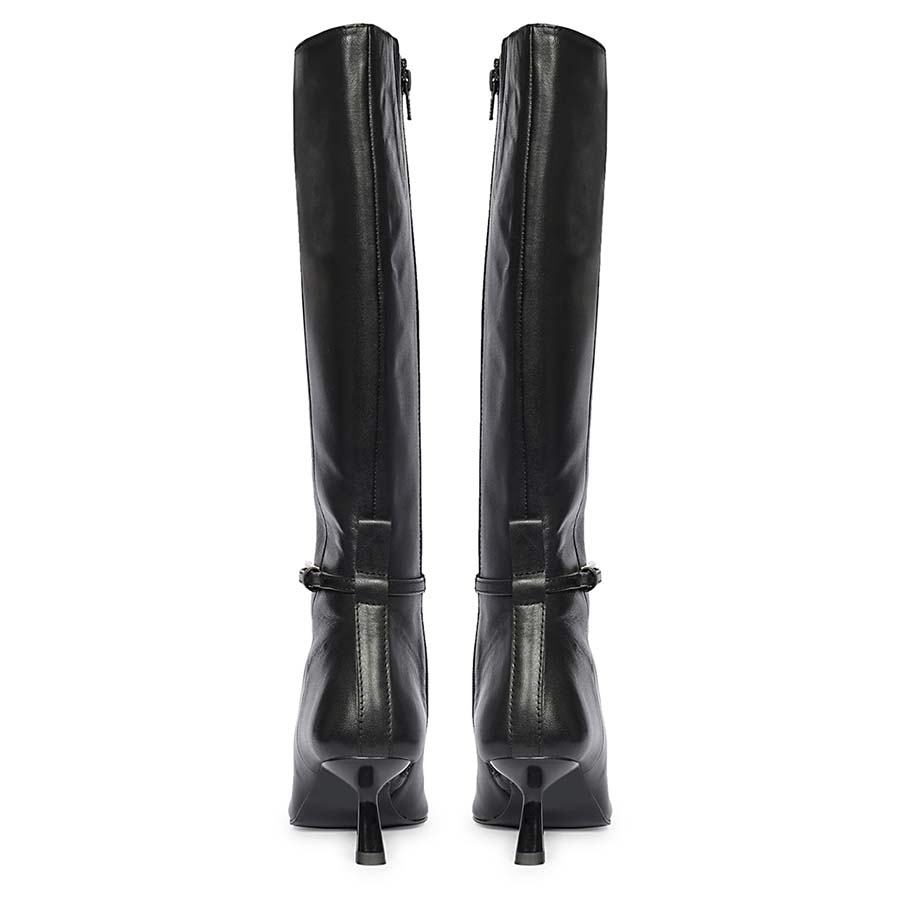 Saint Elara Buckle Embellished Black Leather Long Boots