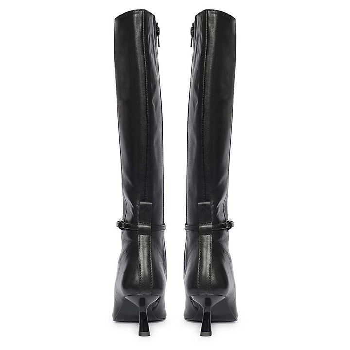 Saint Elara Buckle Embellished Black Leather Long Boots