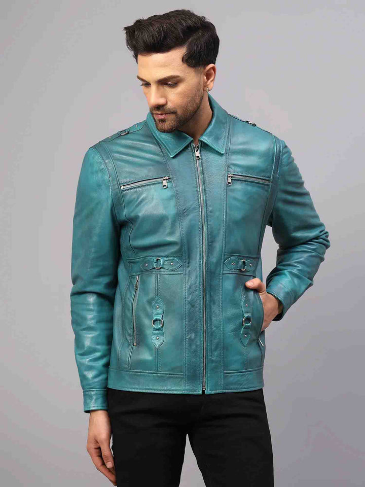 Saint Benjamin Turquoise Leather Men's Jacket