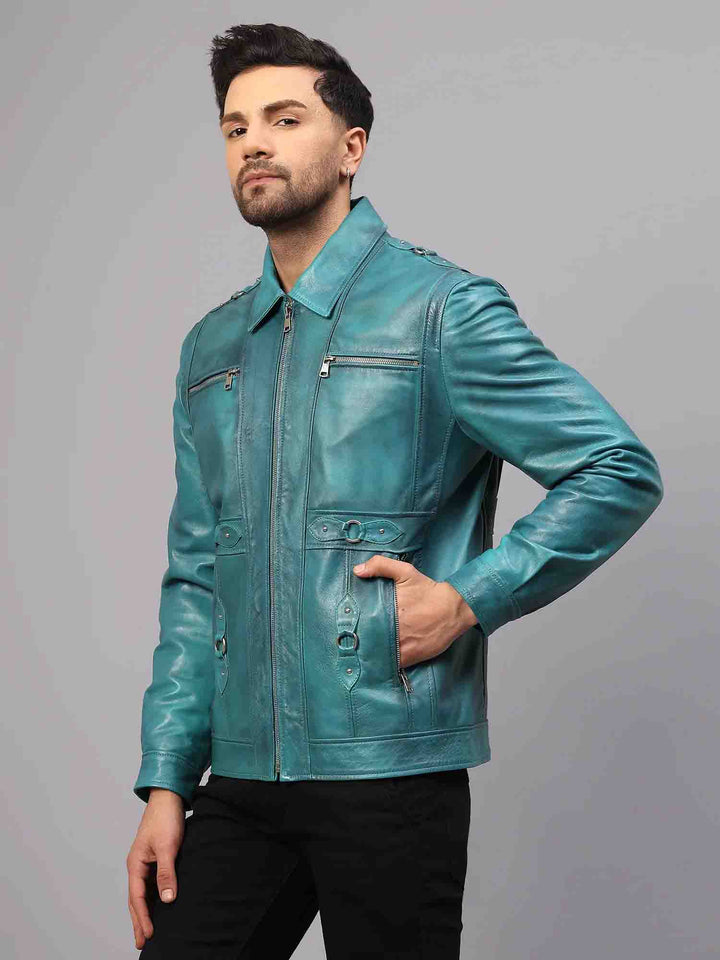 Saint Benjamin Turquoise Leather Men's Jacket