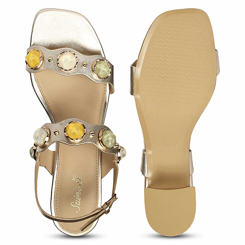 Saint Solira Multi-Stone Metallic Gold Leather Block Heels