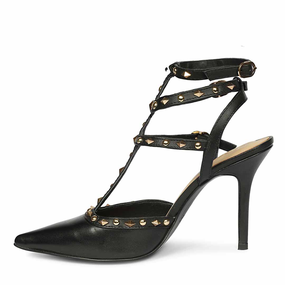 Saint Brittany Crystal Stone Black Leather High Heels