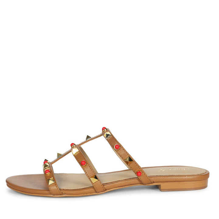 Saint Valene Studded Tan Leather Flats