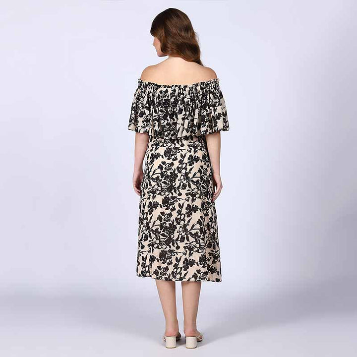 Saint Quinn Black Floral off Shoulder Midi Dress