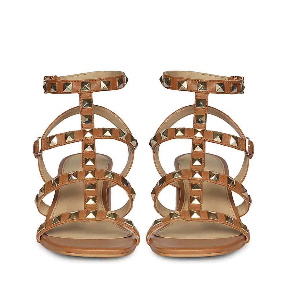Saint Angela Gold Metal Double Buckle Tan Block Heels