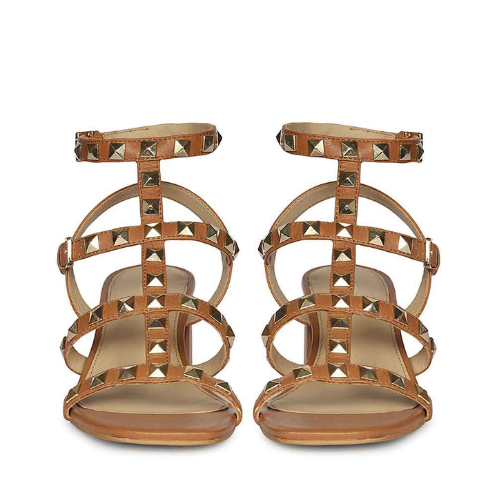 Saint Angela Gold Metal Double Buckle Tan Block Heels
