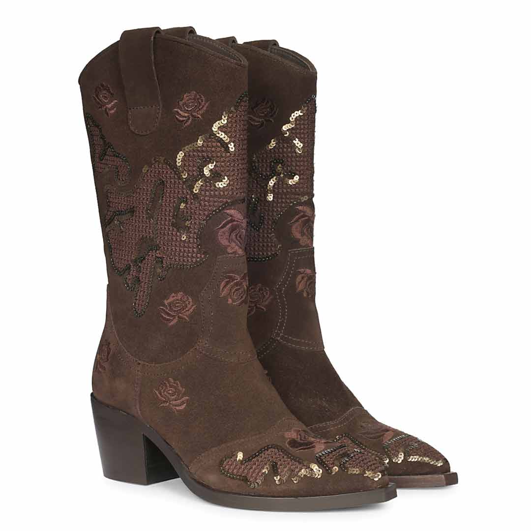 Saint Chloe Brown Suede Leather Western Boots
