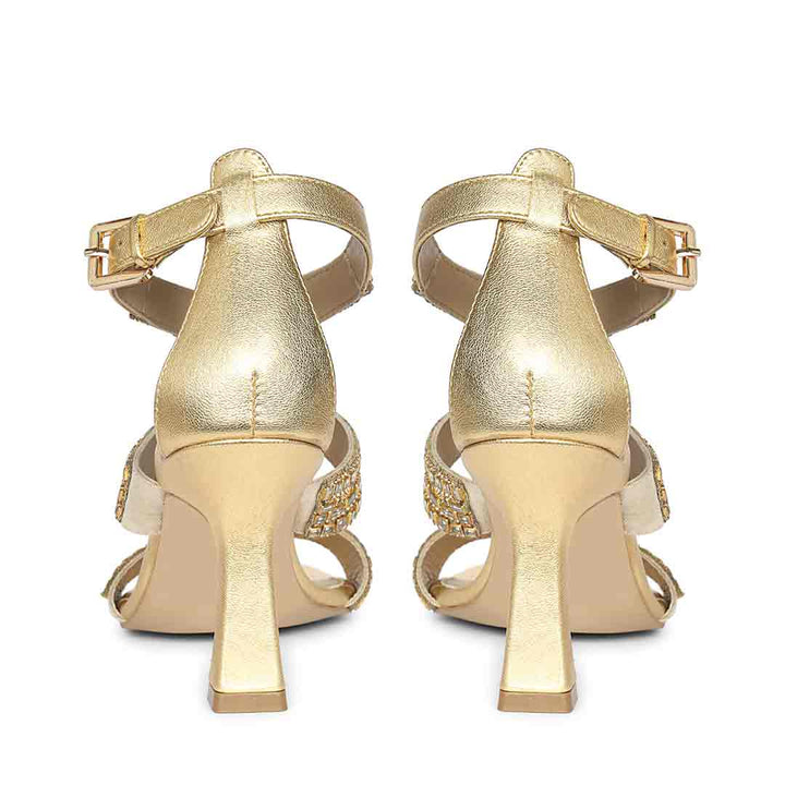Saint Eloria Crystal Gold Leather Flared Stiletto Heels