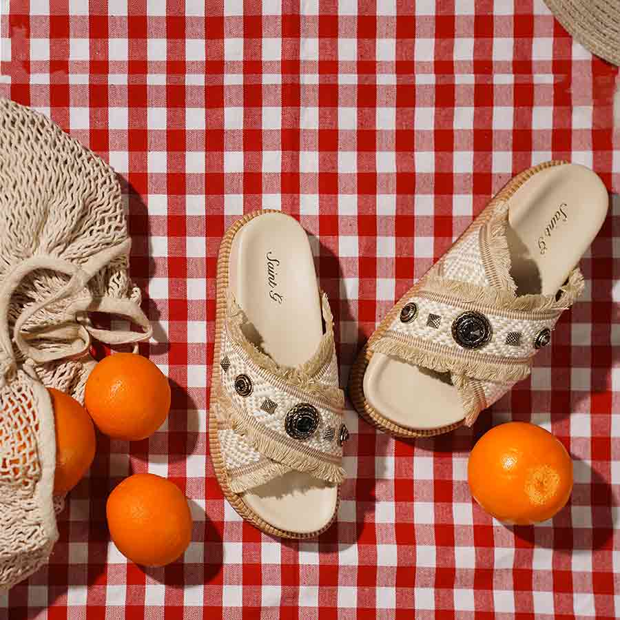Saint Lenora Raffia Fringe Leather Platform Sandals