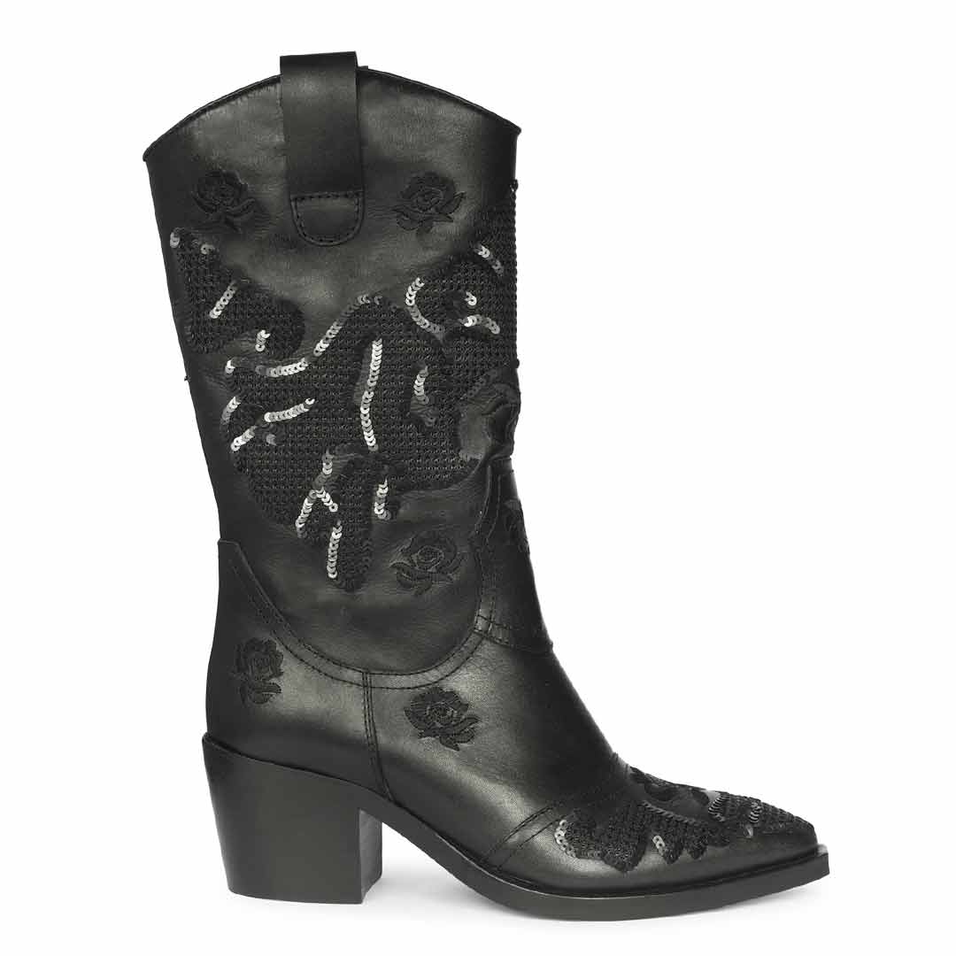 Saint Chloe Black Suede Leather Western Boots