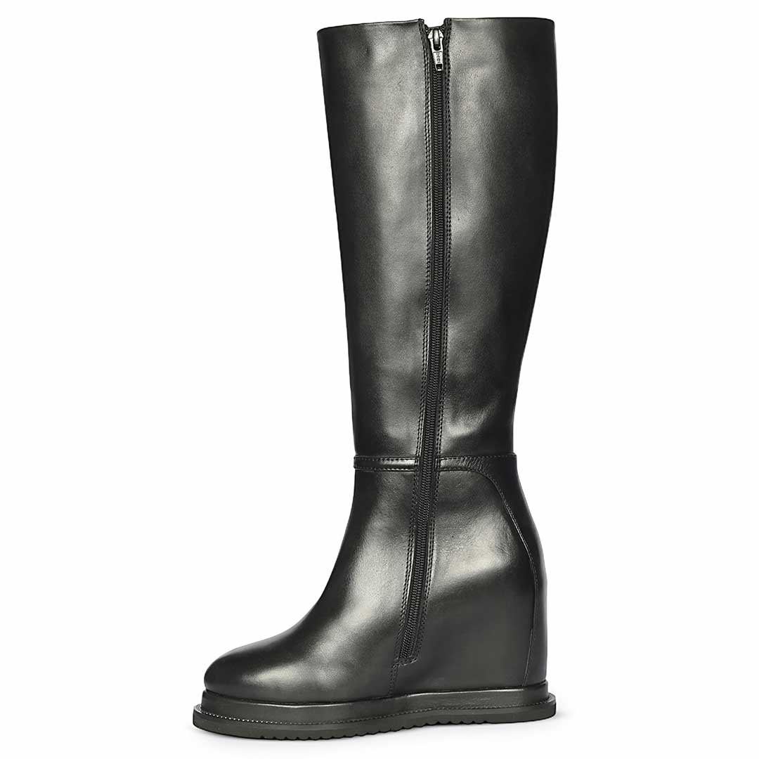 A single black leather knee-high riding boot with a side zipper