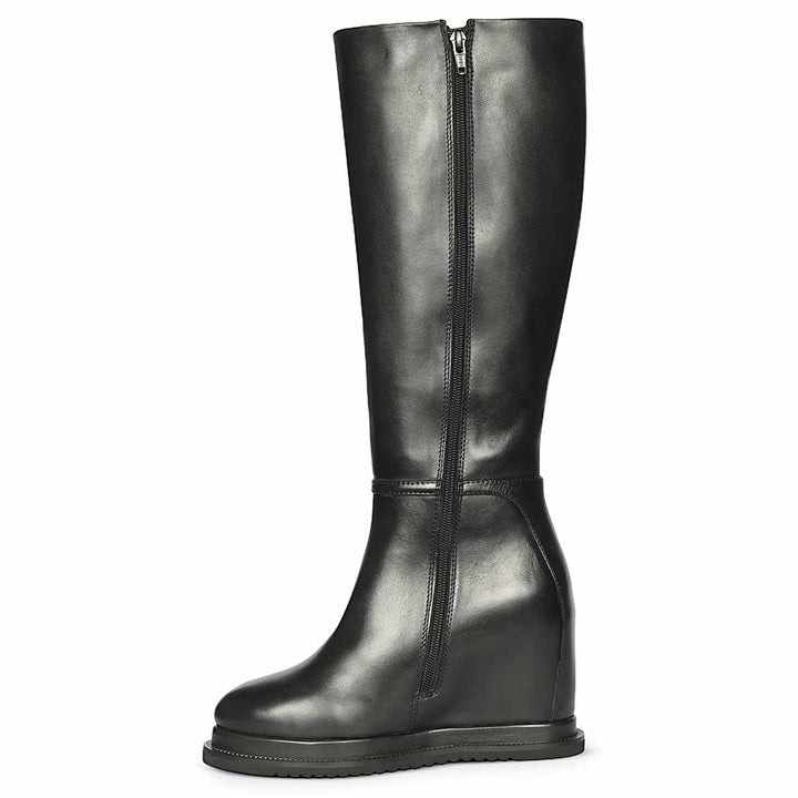 A single black leather knee-high riding boot with a side zipper