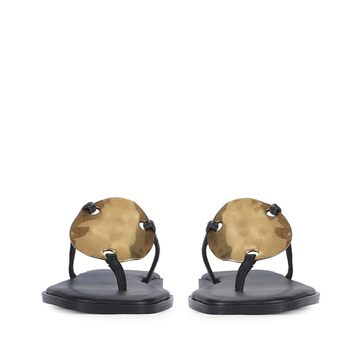 Saint Aurum Golden Disc Black Leather Flats