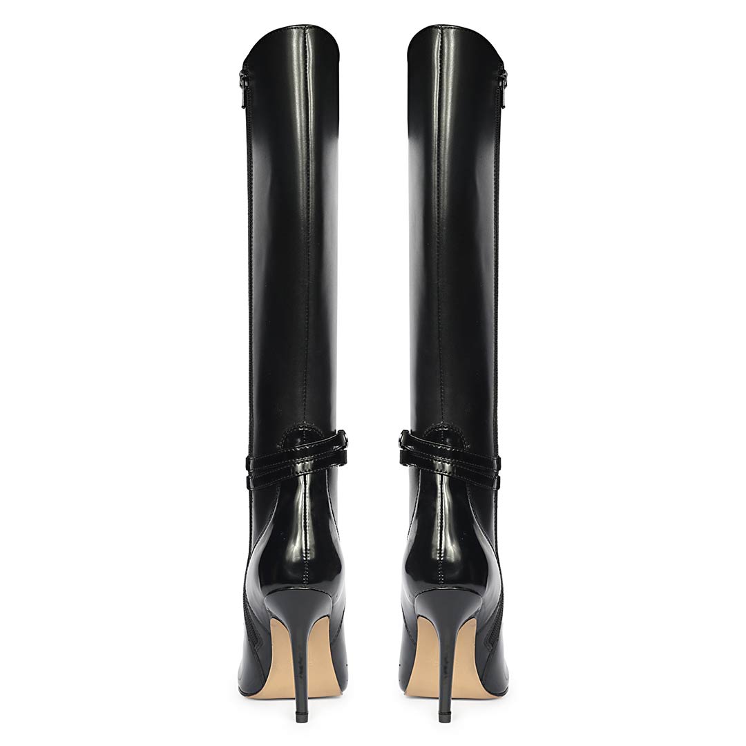 Saint Rey Buckle Decor Black Leather Long Boots