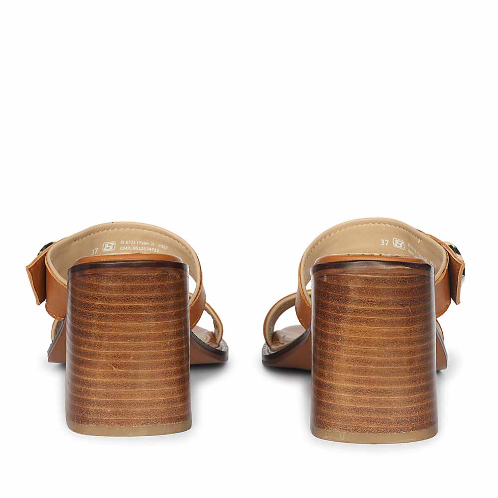 Saint Brisa Gold Emblems Tan Leather Heels