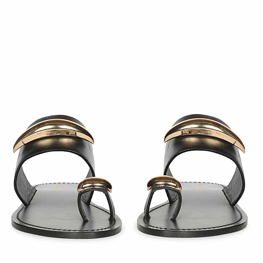 Saint Quinel Gold Metal Accents Black Leather Flats