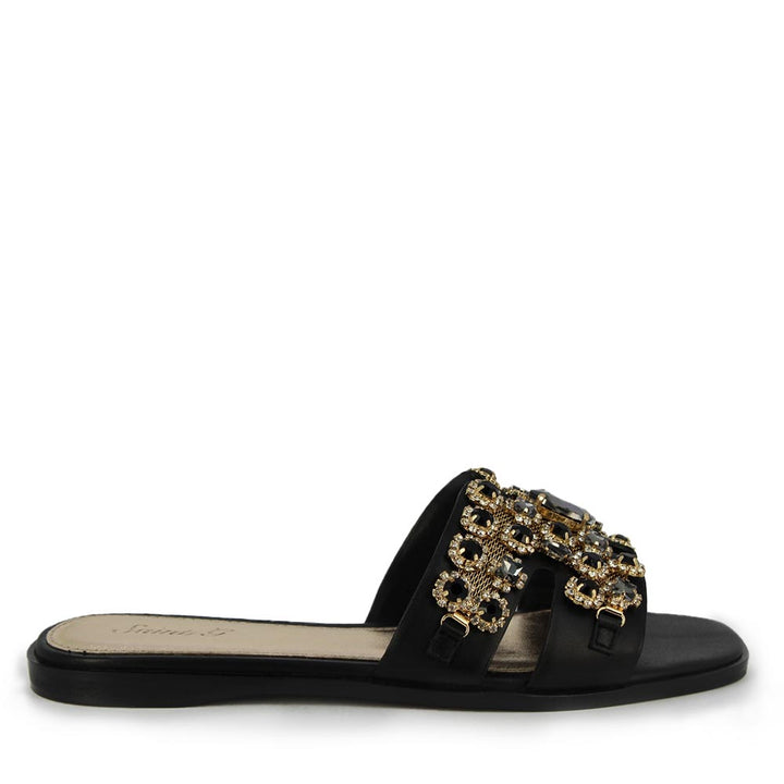Saint Eileen Embroidered Stone Black Leather Slides