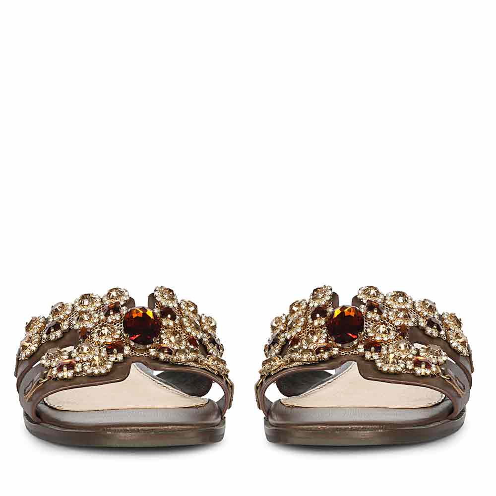 Saint Eileen Embroidered Stone Brown Leather Slides