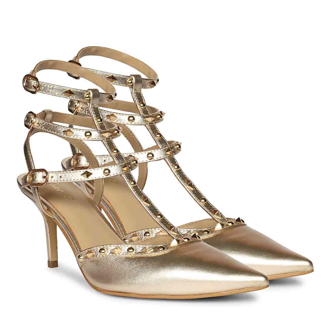 Saint Vorela Studded Multi Strap Platin Leather Heels