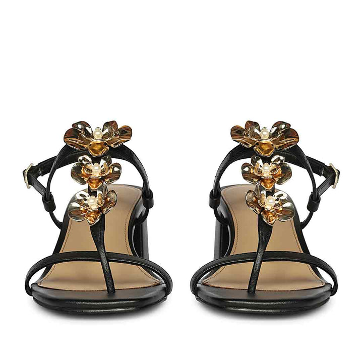 Saint Dorian Gold Floral Embellished Leather Block Heels