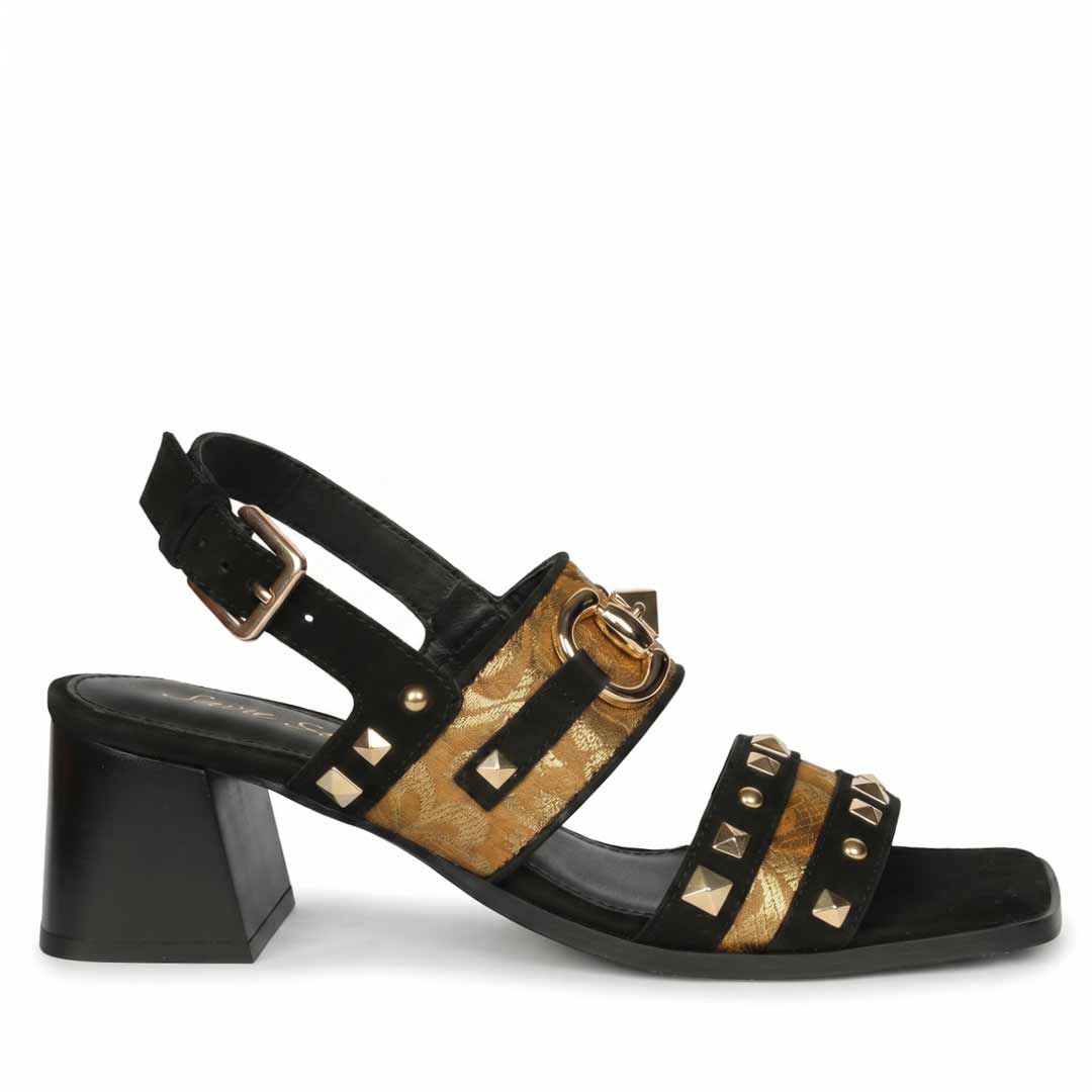 Saint Edie Embellished Metallic Black Leather Block Heel