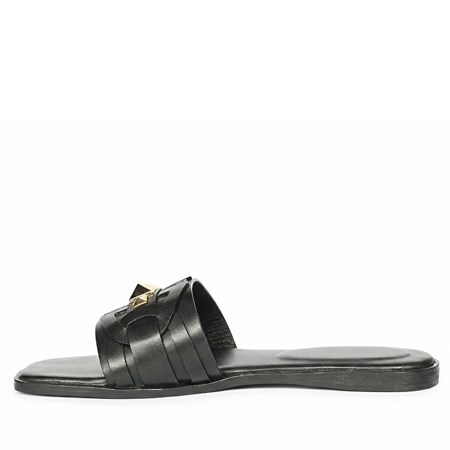 Saint Tyla Black Leather Pyramid Stud Slides