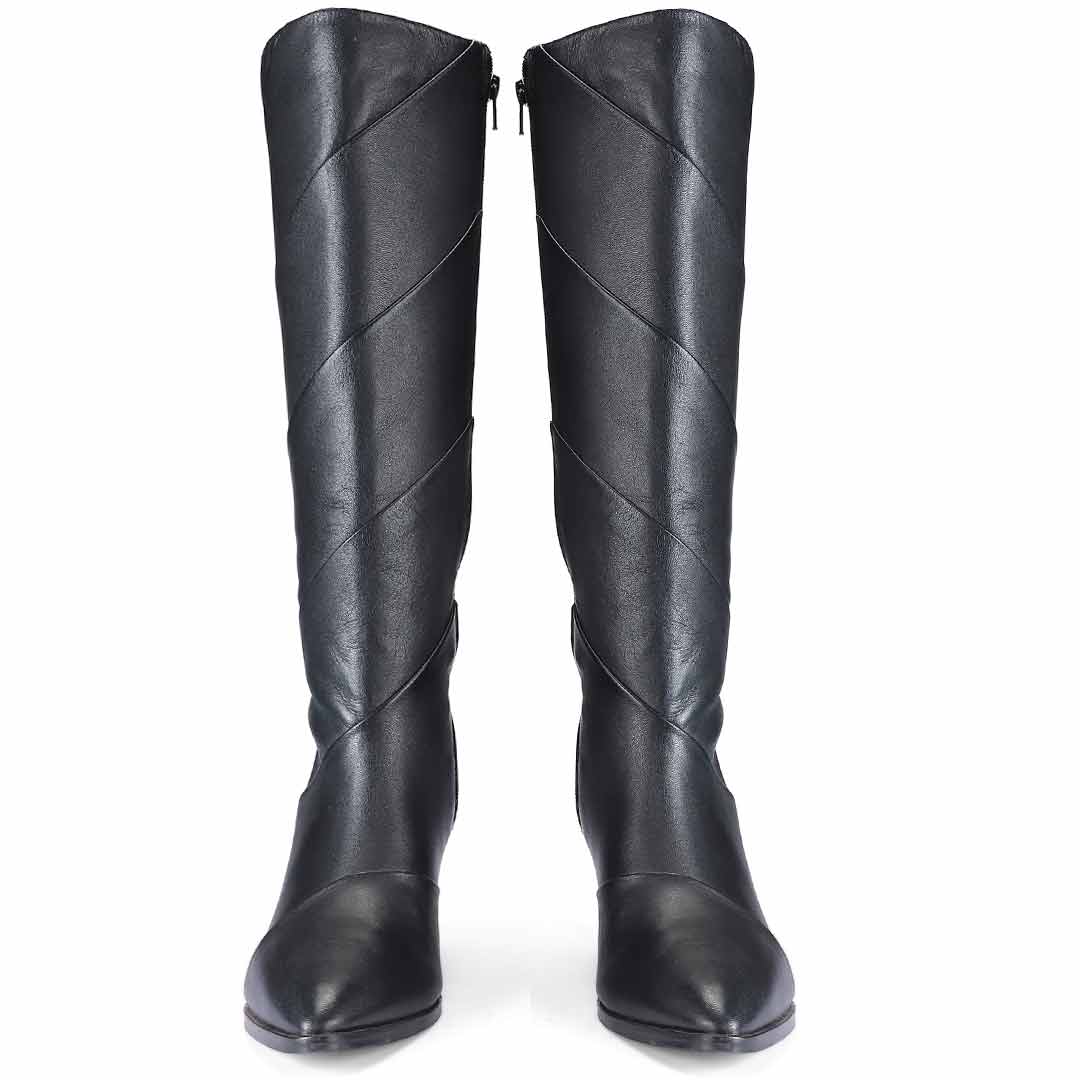 Saint Novara Folded Black Leather Wedge Long Boots