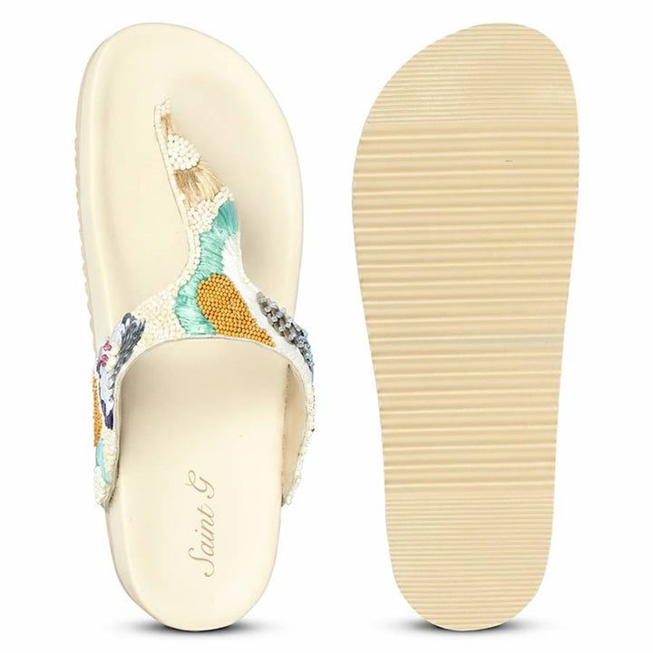 Saint Zaria Embroidered Off-White Leather Thong Footbed