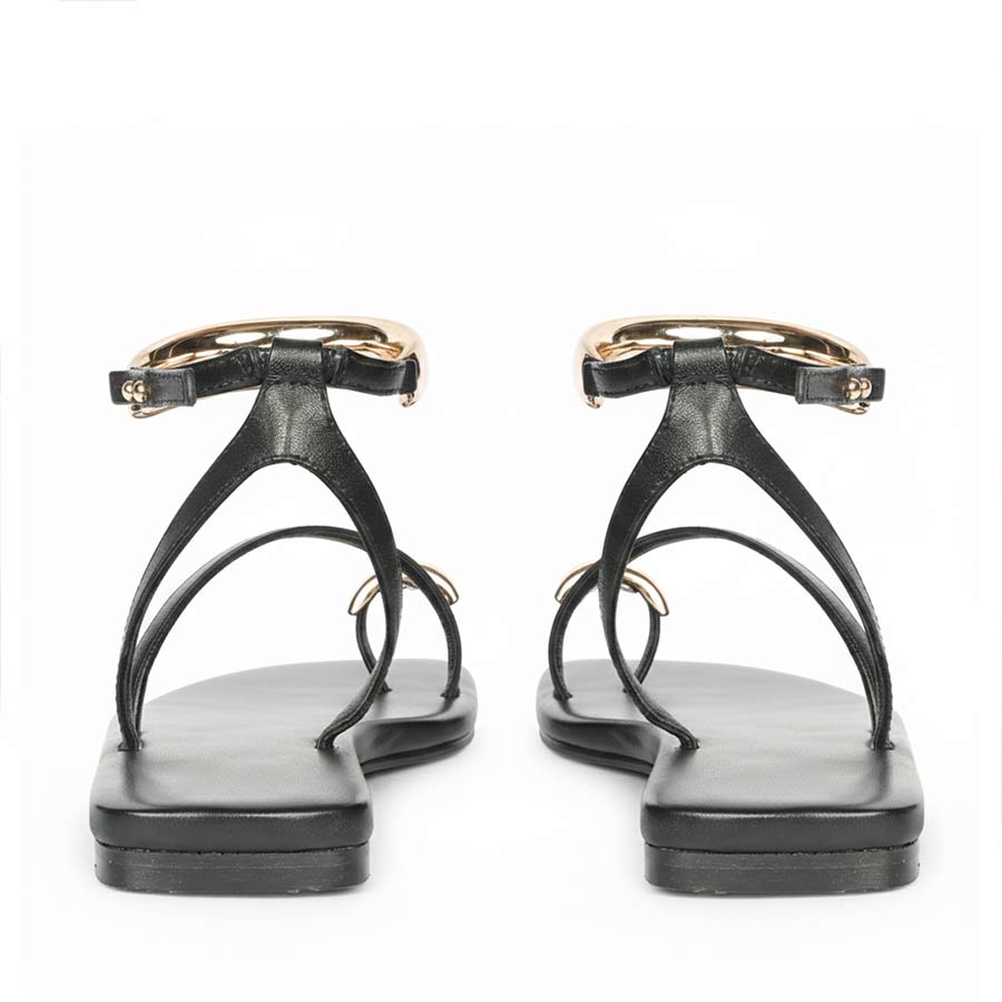 Saint Zinovia Gold-Trim Black Leather Sandals