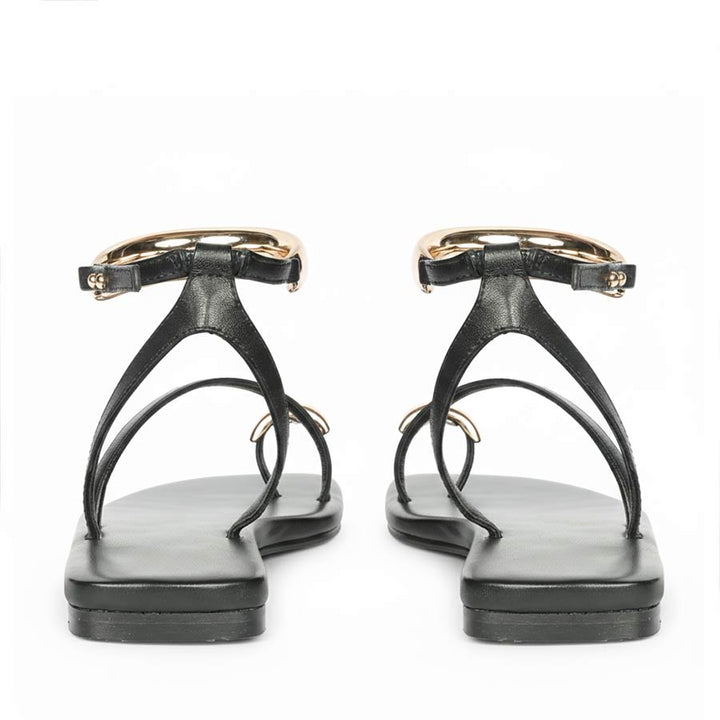 Saint Zinovia Gold-Trim Black Leather Sandals