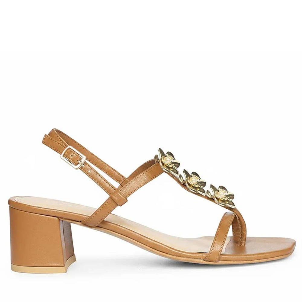 Saint Dorian Gold Flower Tan Leather Block Heels