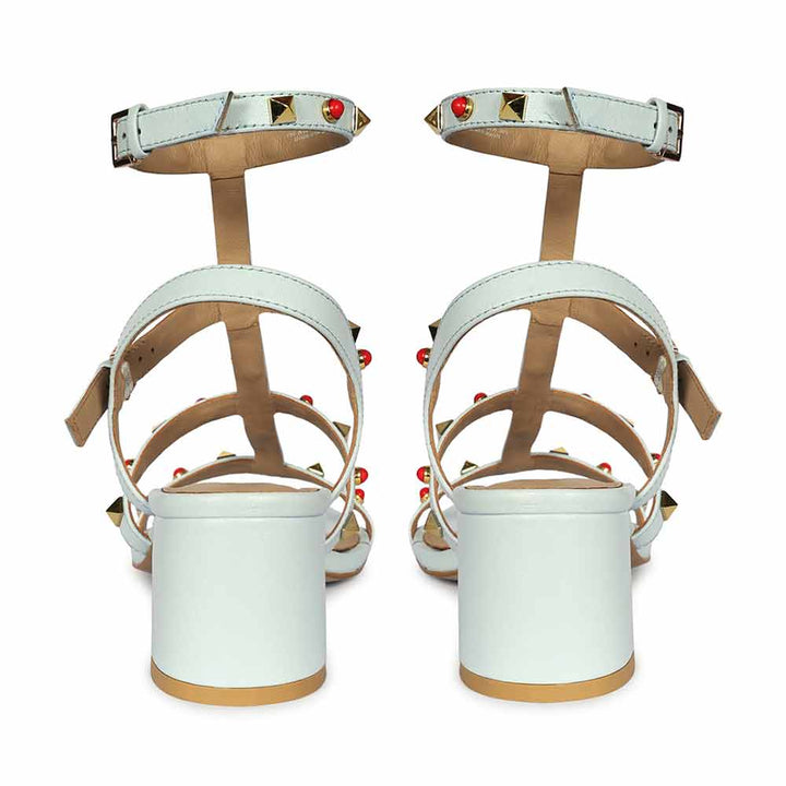 Saint Lucien Sky Blue Leather Studded Gladiator Block Heels
