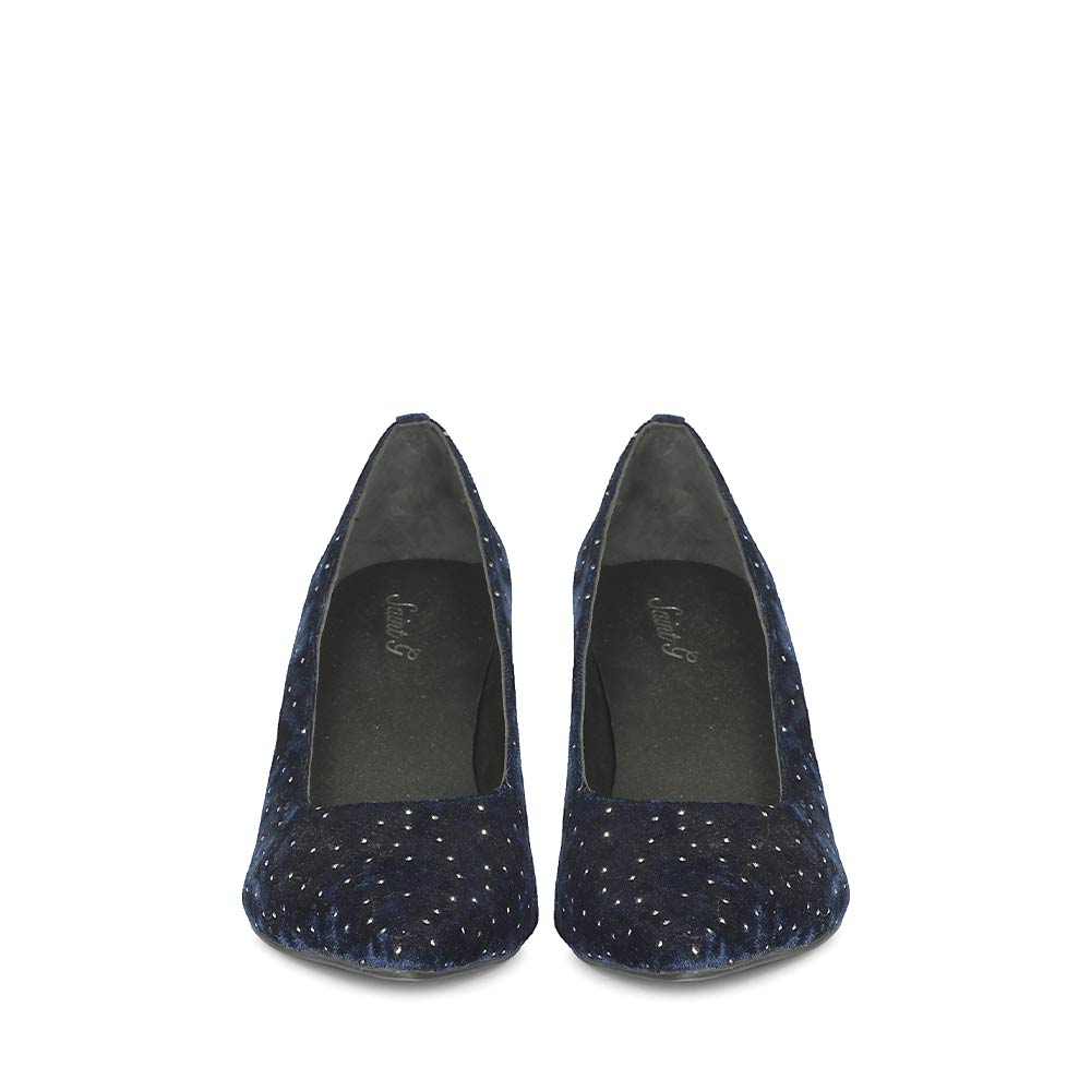 Saint Eleonore Navy Velvet Strass block Heel Pumps